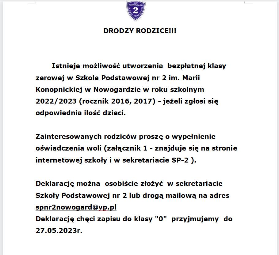 INFORMACJA DLA RODZICÓW